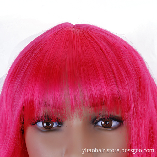 Wholesale price High Temperature Fiber Short Natural Wave Hot pink  Water Wave Synthetic Wig For Women With Flat Bangs